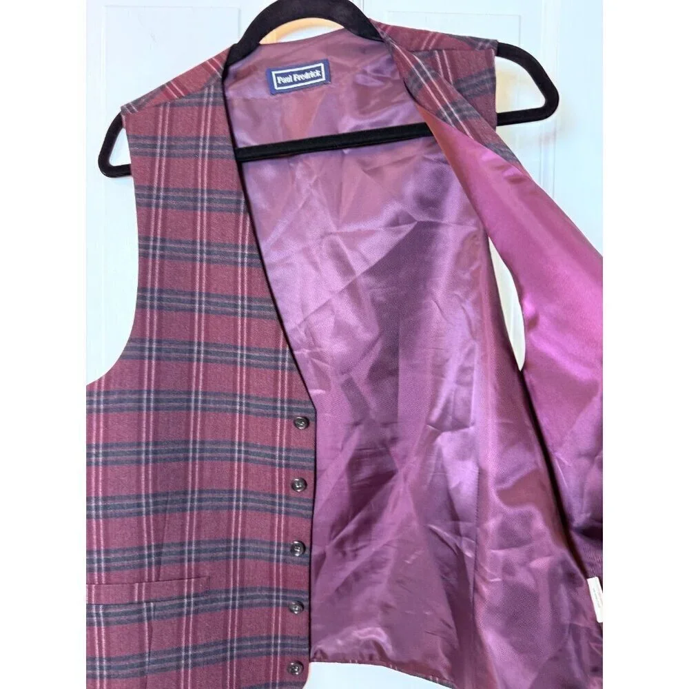 Paul Fredrick Deep Purple Dark Grey Plaid Men's Wool Vest Size 40
